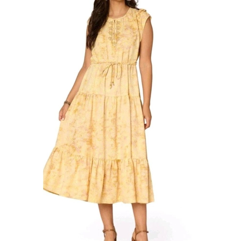Democracy Dress Size XL Yellow Tropical Palm Tiered Midi B5311S21E New With Tags